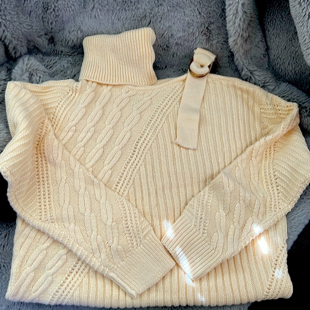 Cold-shoulder, halter turtleneck sweater